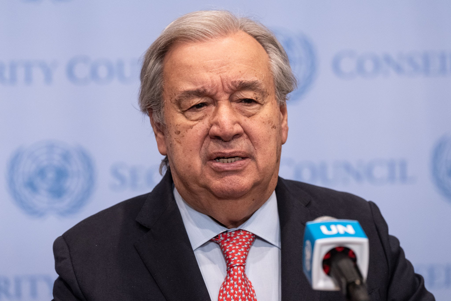 NEW YORK, UNITED STATES - 2025/06/27: UN Secretary-General Antonio Guterres speaks to the press on the situation in the Middle East and Gaza at UN Headquarters. (Photo by Lev Radin/Pacific Press/LightRocket via Getty Images)